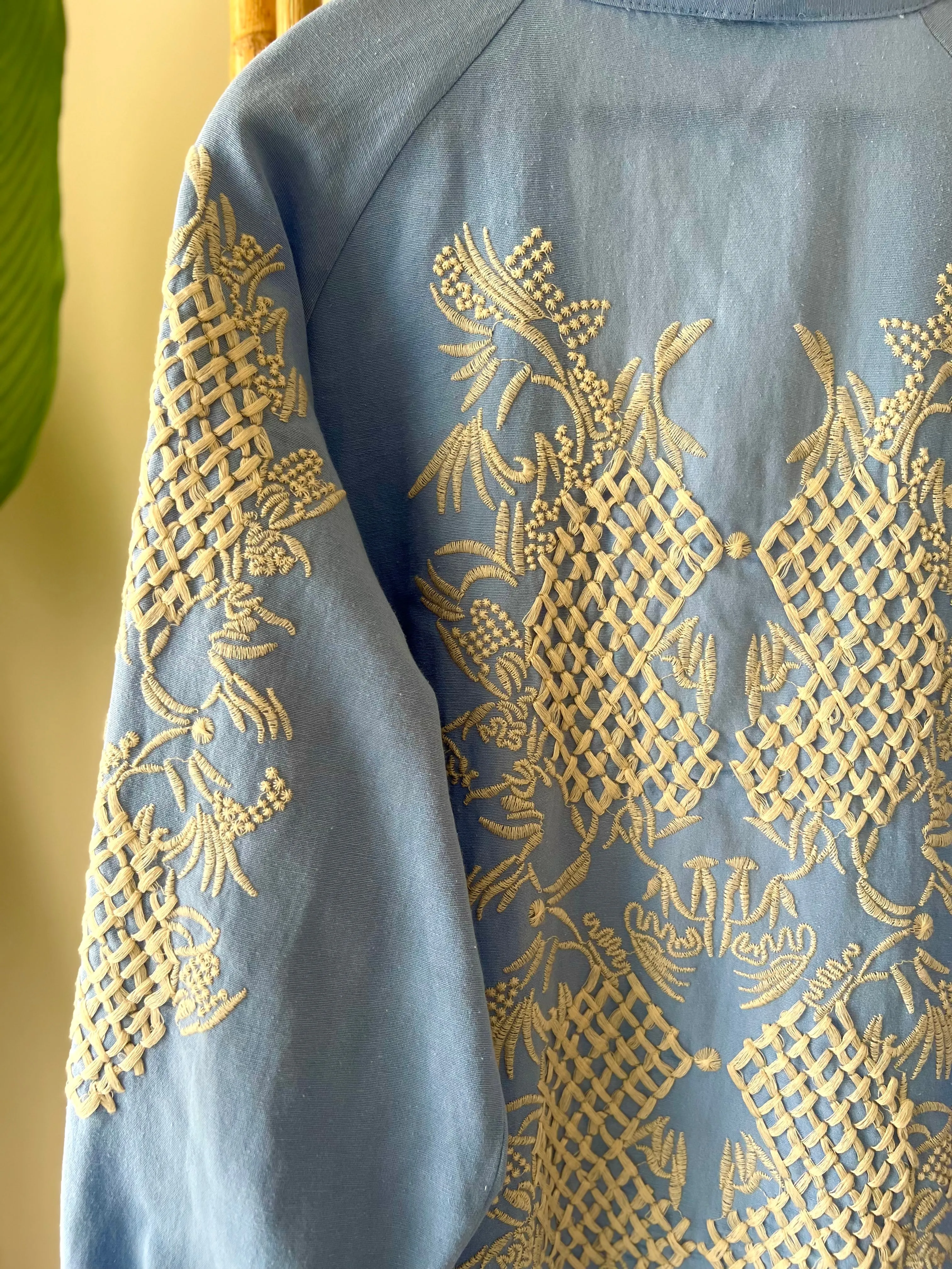 Embroidered Linen Blue Geo Kimono