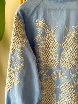 Embroidered Linen Blue Geo Kimono