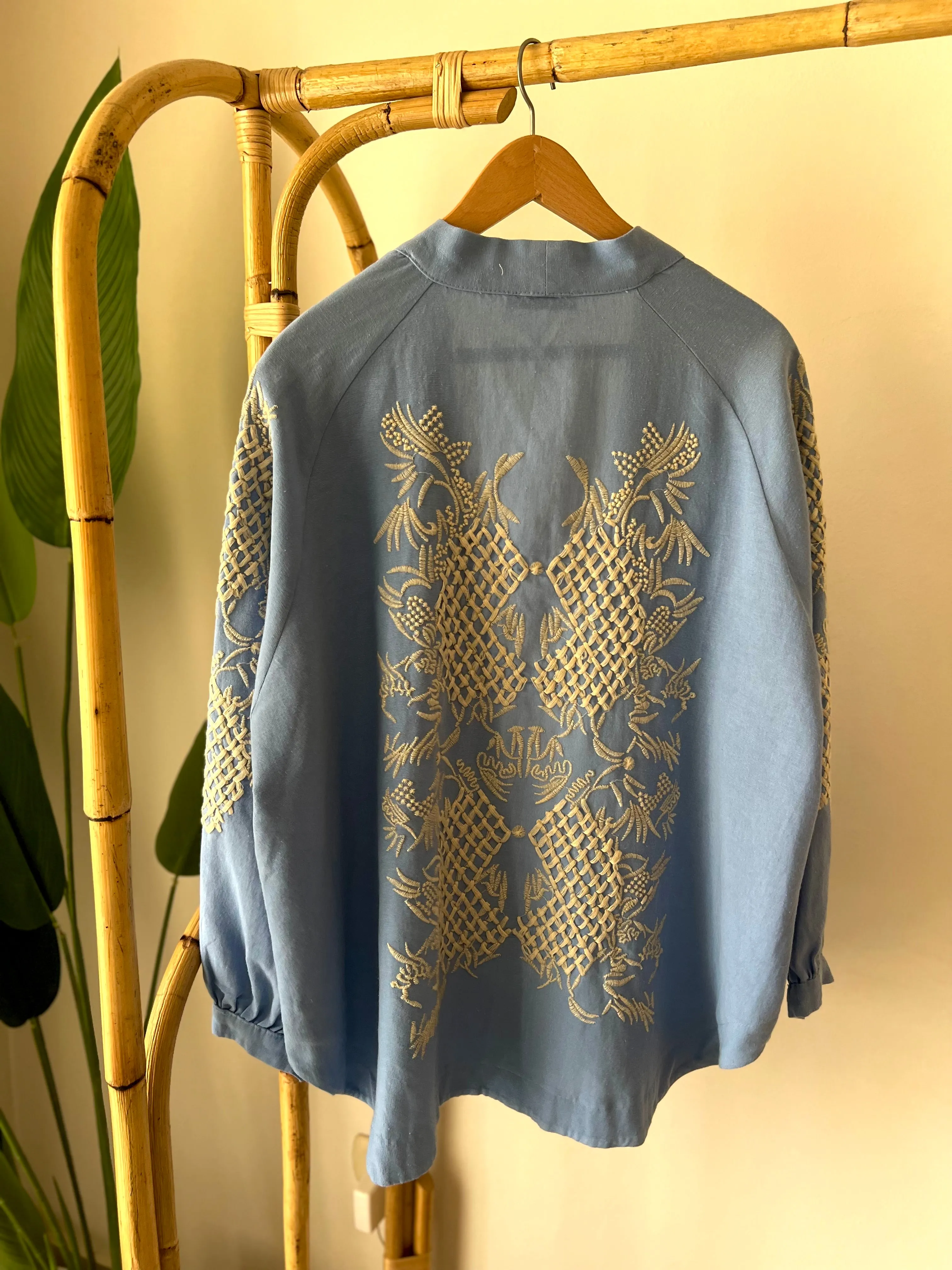 Embroidered Linen Blue Geo Kimono