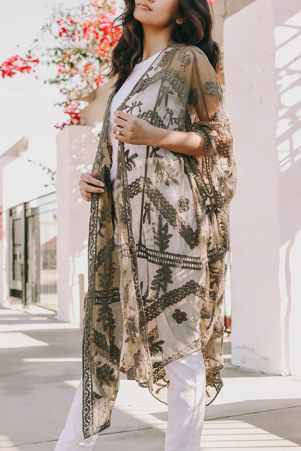 Embroidered Mesh Leaf Kimono - 6 colors