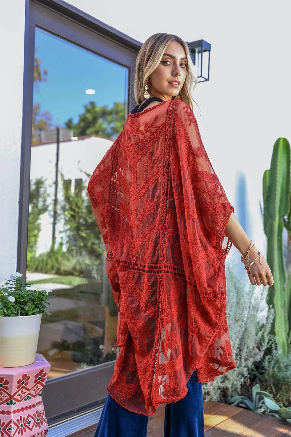 Embroidered Mesh Leaf Kimono - 6 colors