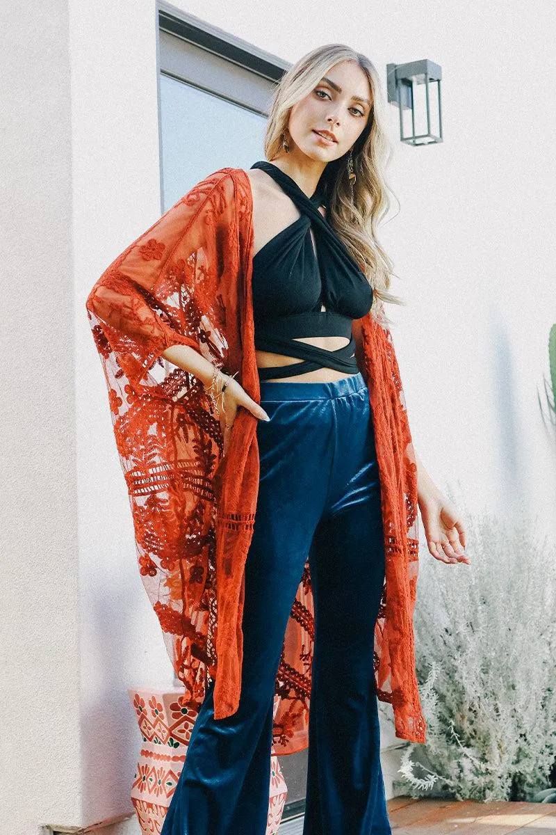 Embroidered Mesh Leaf Kimono - 6 colors