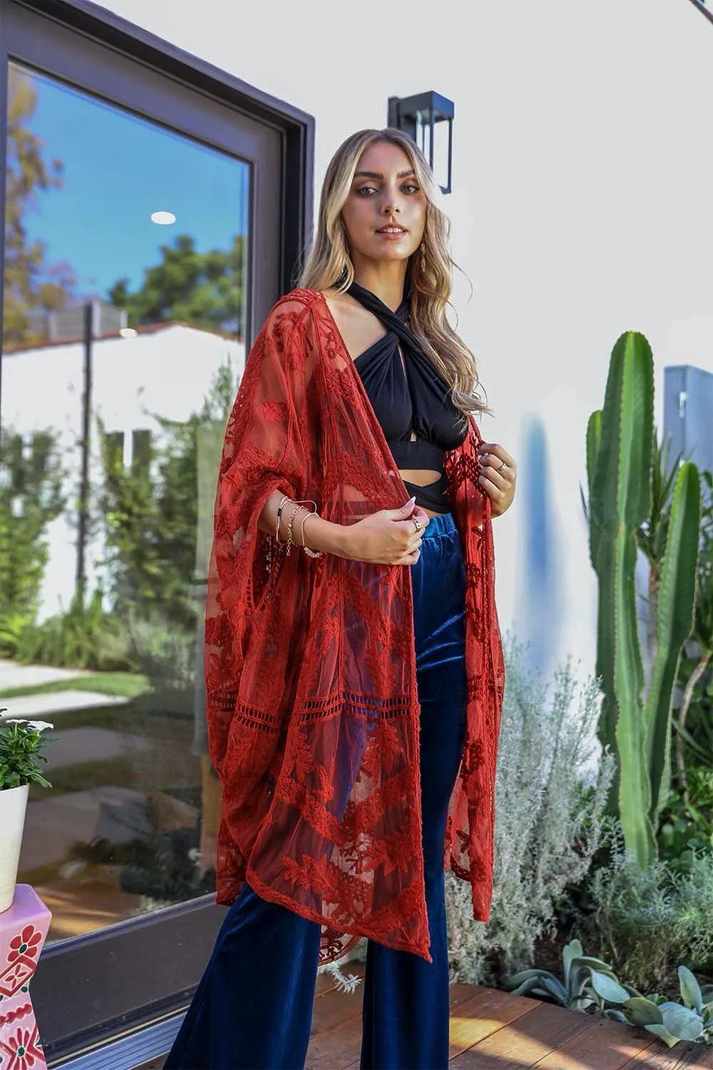 Embroidered Mesh Leaf Kimono - 6 colors