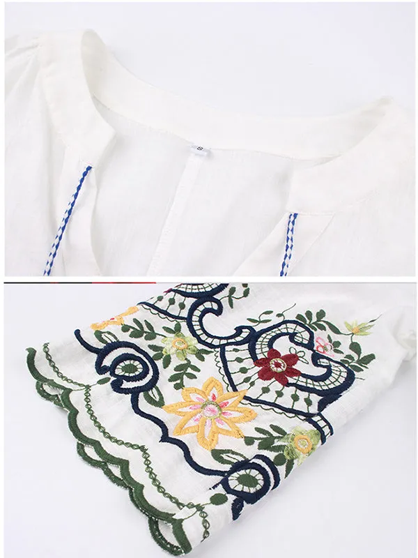 Embroidered V-neck Cotton And Linen Shirt T-shirt
