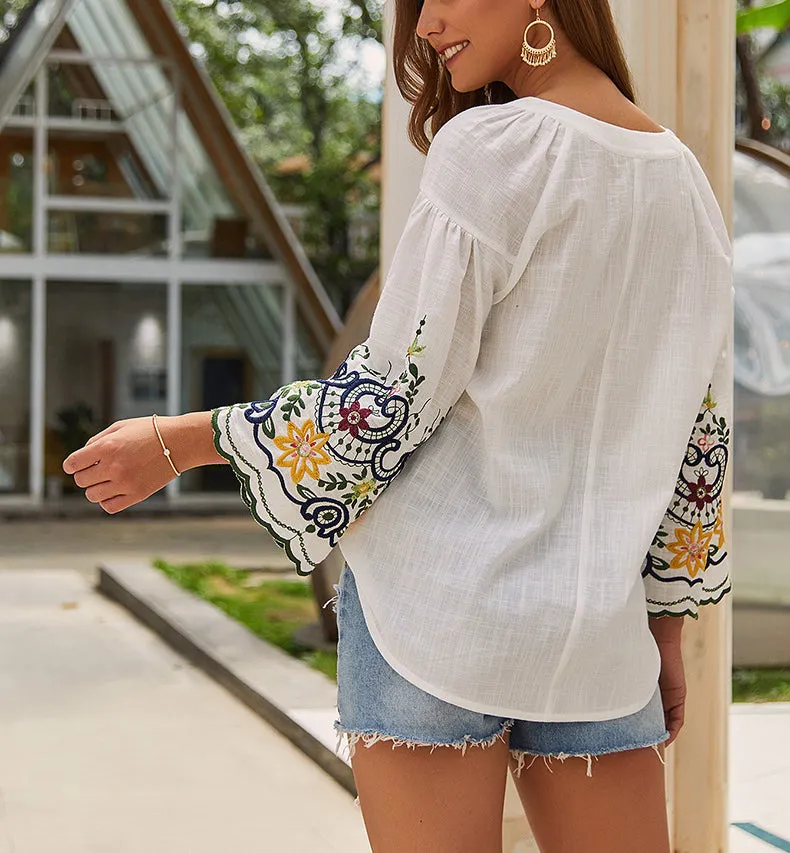 Embroidered V-neck Cotton and Linen Shirt T-shirt