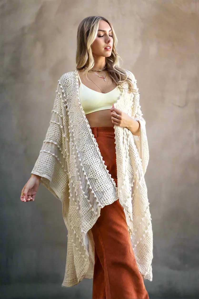 Embroidered Zig Zag Soft Kimono with Pom Poms