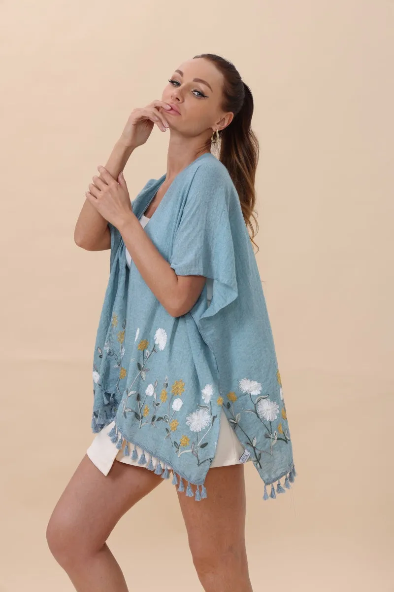 Floral Embroidered Tassel Hem Kimono Cardigan