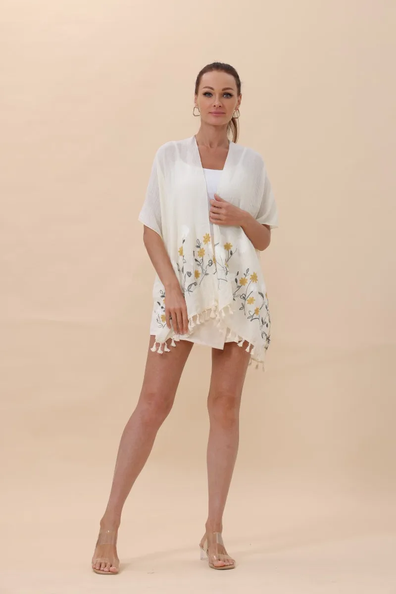 Floral Embroidered Tassel Hem Kimono Cardigan