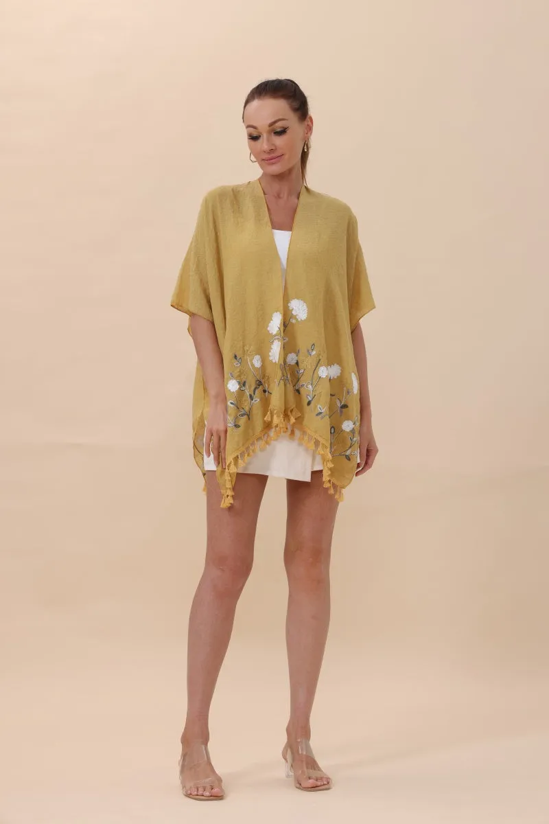 Floral Embroidered Tassel Hem Kimono Cardigan