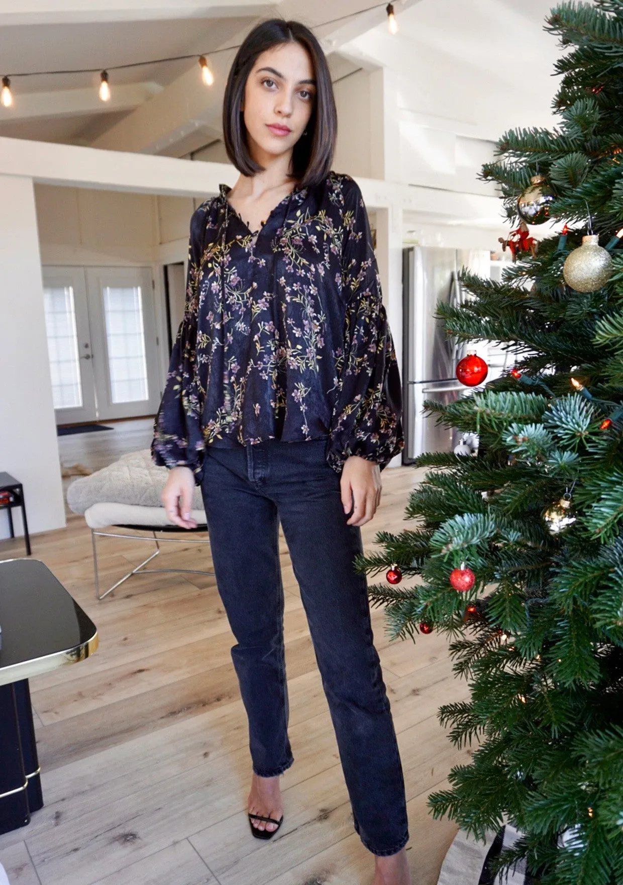 Floral Holiday Long Sleeve Flowy Top