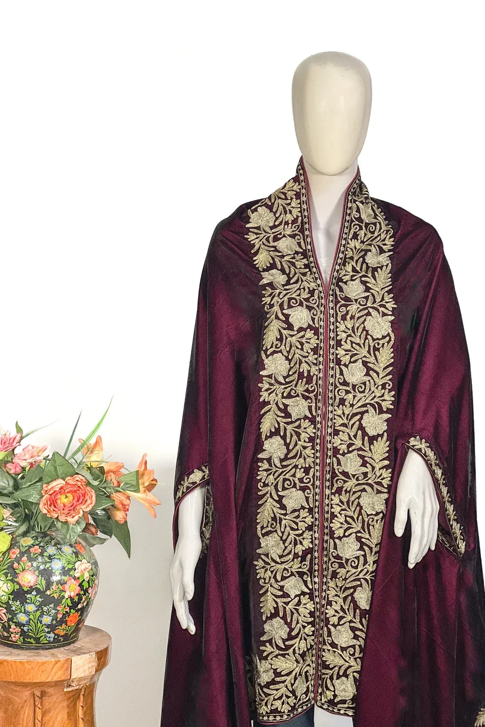 Floral Wine Velvet Shawl Bel Stylish design Fraud-free Cape Embroidery: Tilla with