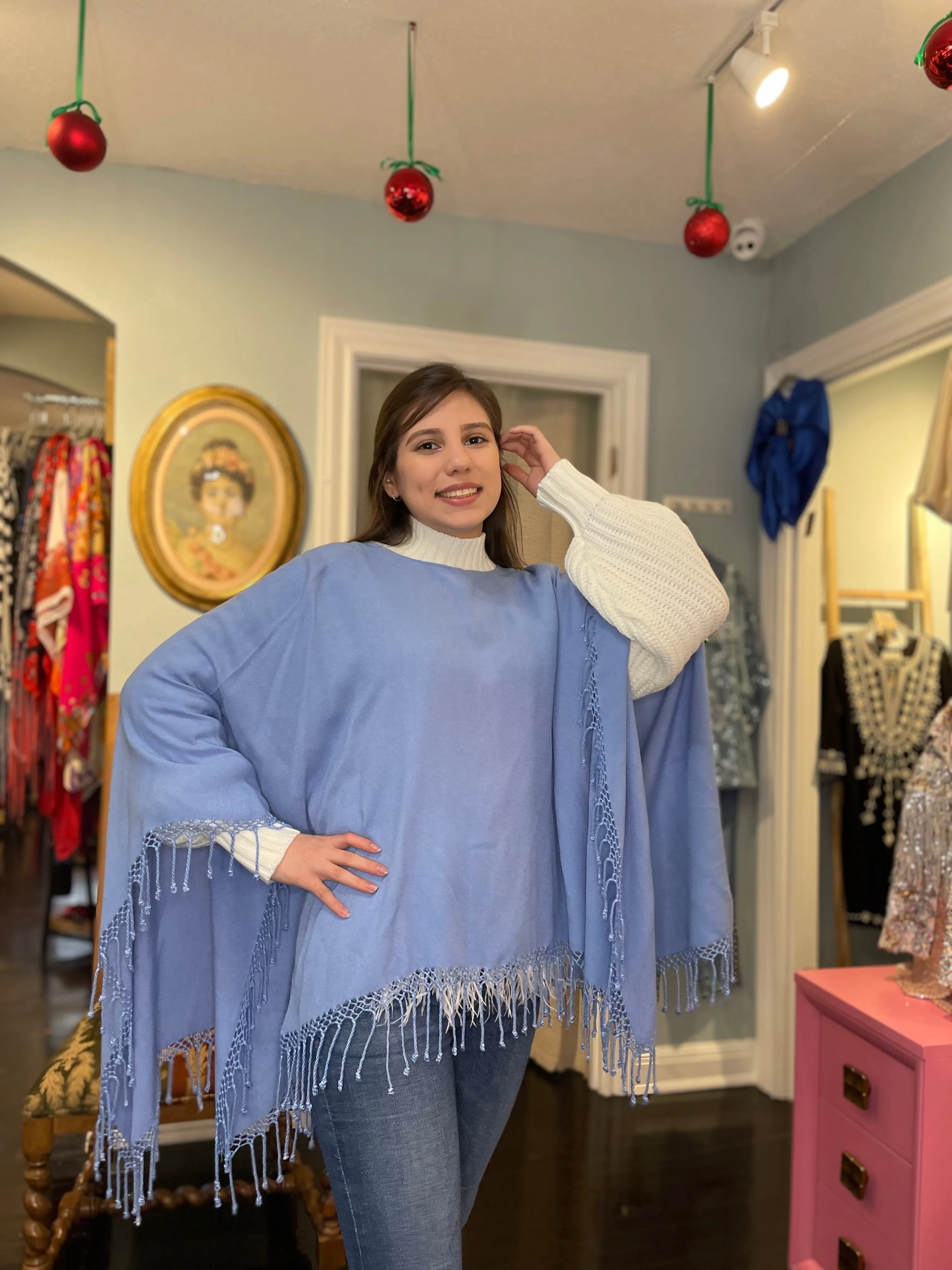 Fringed Poncho In Solid Colors