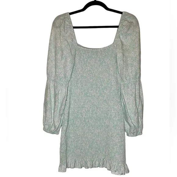 Gianni Bini Tally Long Sleeve Mint Floral Smocked Mini Dress Square Neck Ruffled