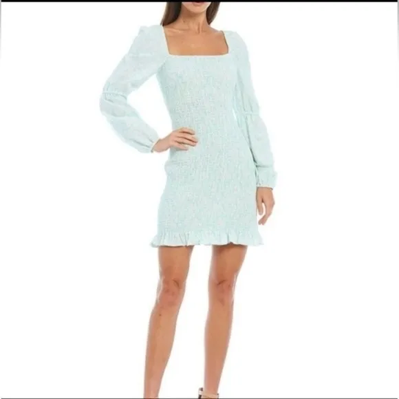 Gianni Bini Tally Long Sleeve Mint Floral Smocked Mini Dress Square Neck Ruffled