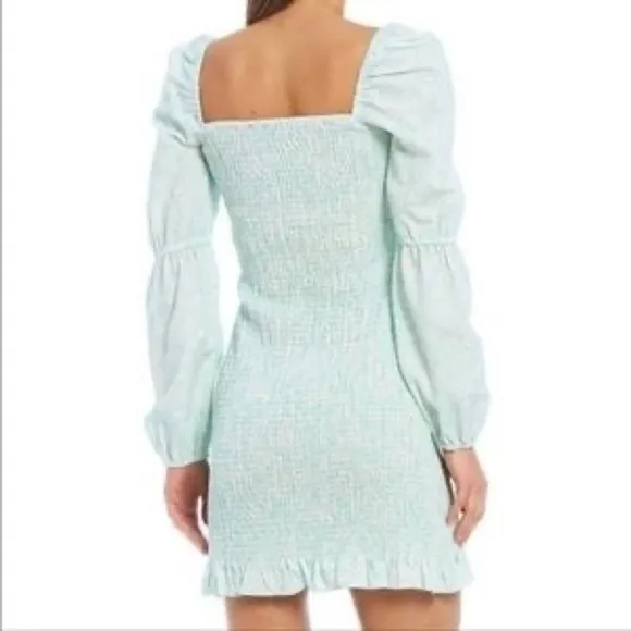 Gianni Bini Tally Long Sleeve Mint Floral Smocked Mini Dress Square Neck Ruffled