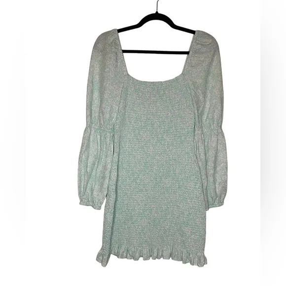 Gianni Bini Tally Long Sleeve Mint Floral Smocked Mini Dress Square Neck Ruffled