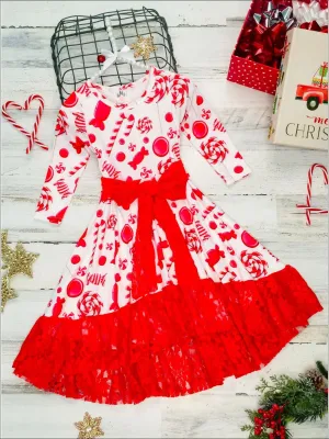 Girls A-Line Long Sleeve Lace Ruffled Hem and Sash Twirl Dress