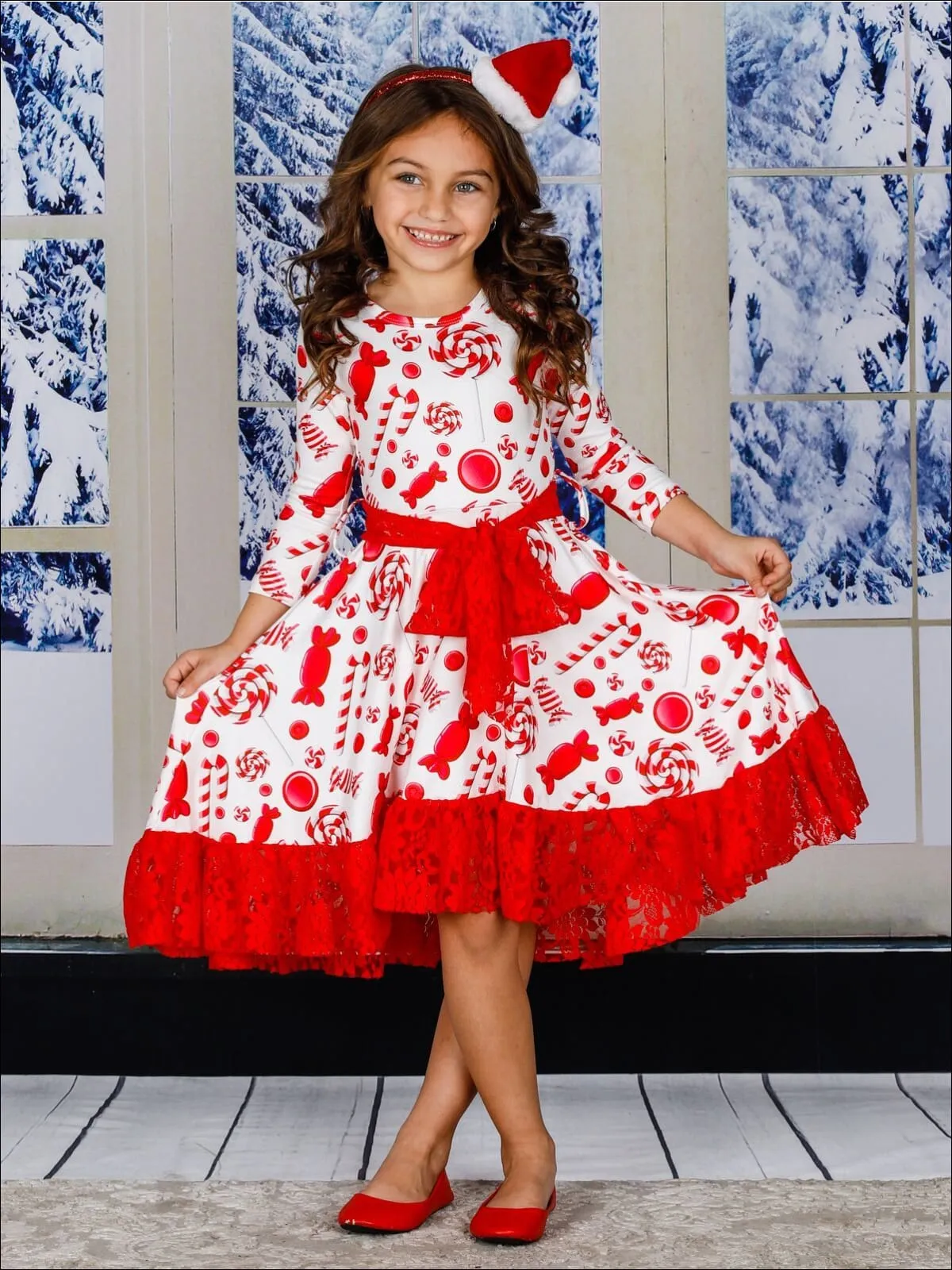 Girls A-Line Long Sleeve Lace Ruffled Hem and Sash Twirl Dress
