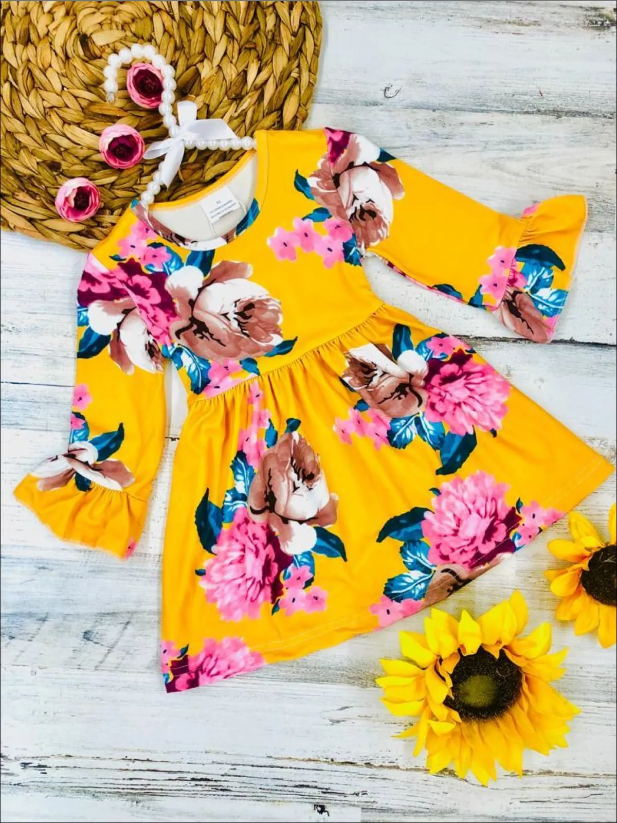 Girls Floral Ruffled Long Sleeve Dress