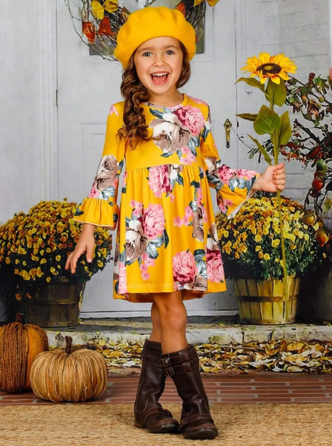 Girls Floral Ruffled Long Sleeve Dress