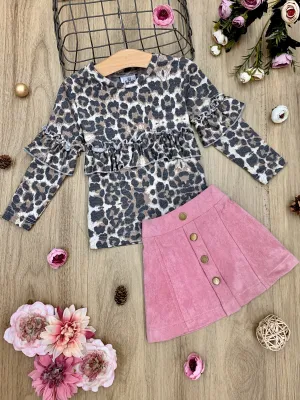 Girls Long Sleeve Ruffled Animal Print Top and Buttoned Skirt Set