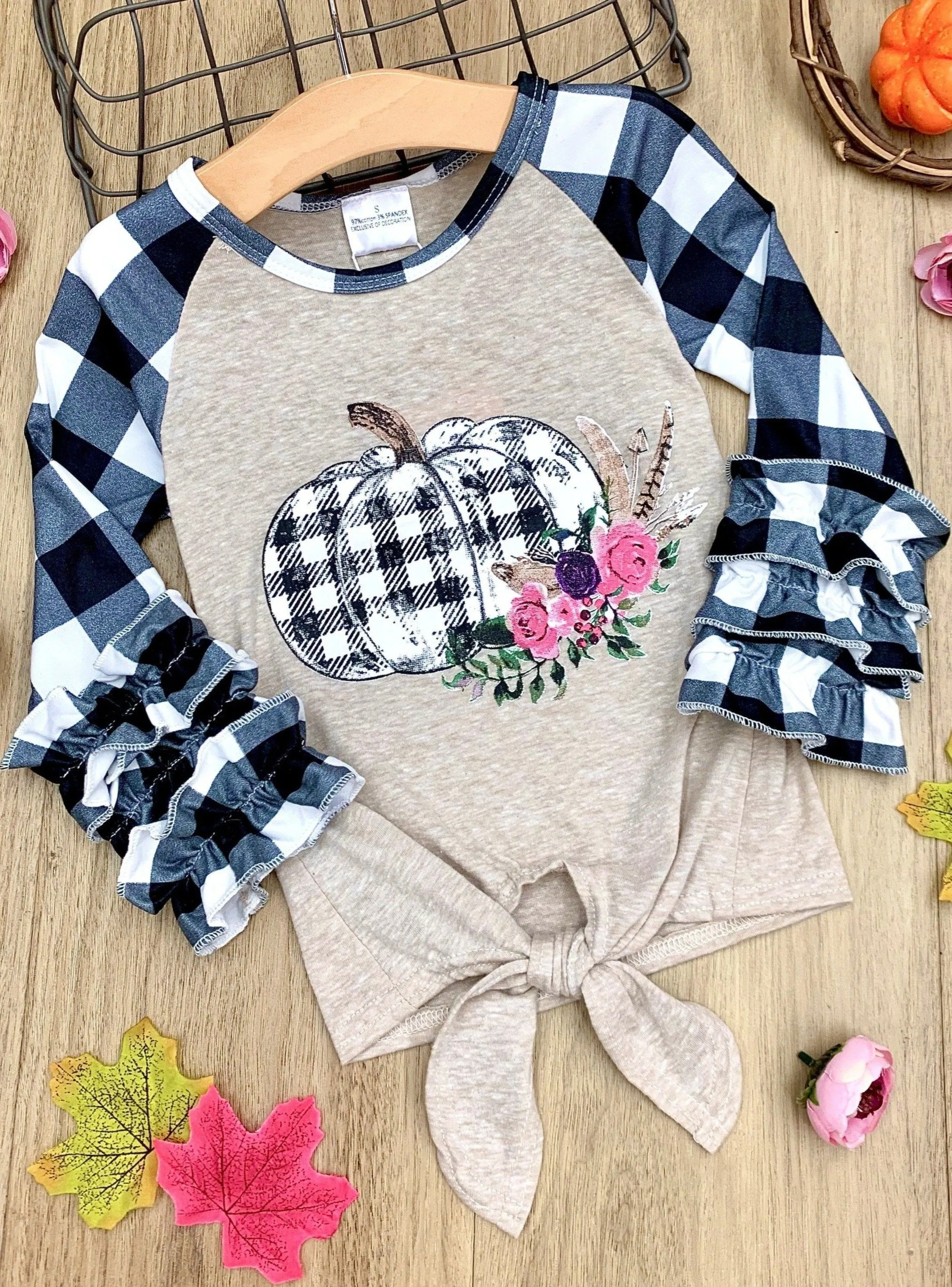 Girls Plaid Floral Pumpkin Print Long Ruffled Raglan Sleeve Knot Top