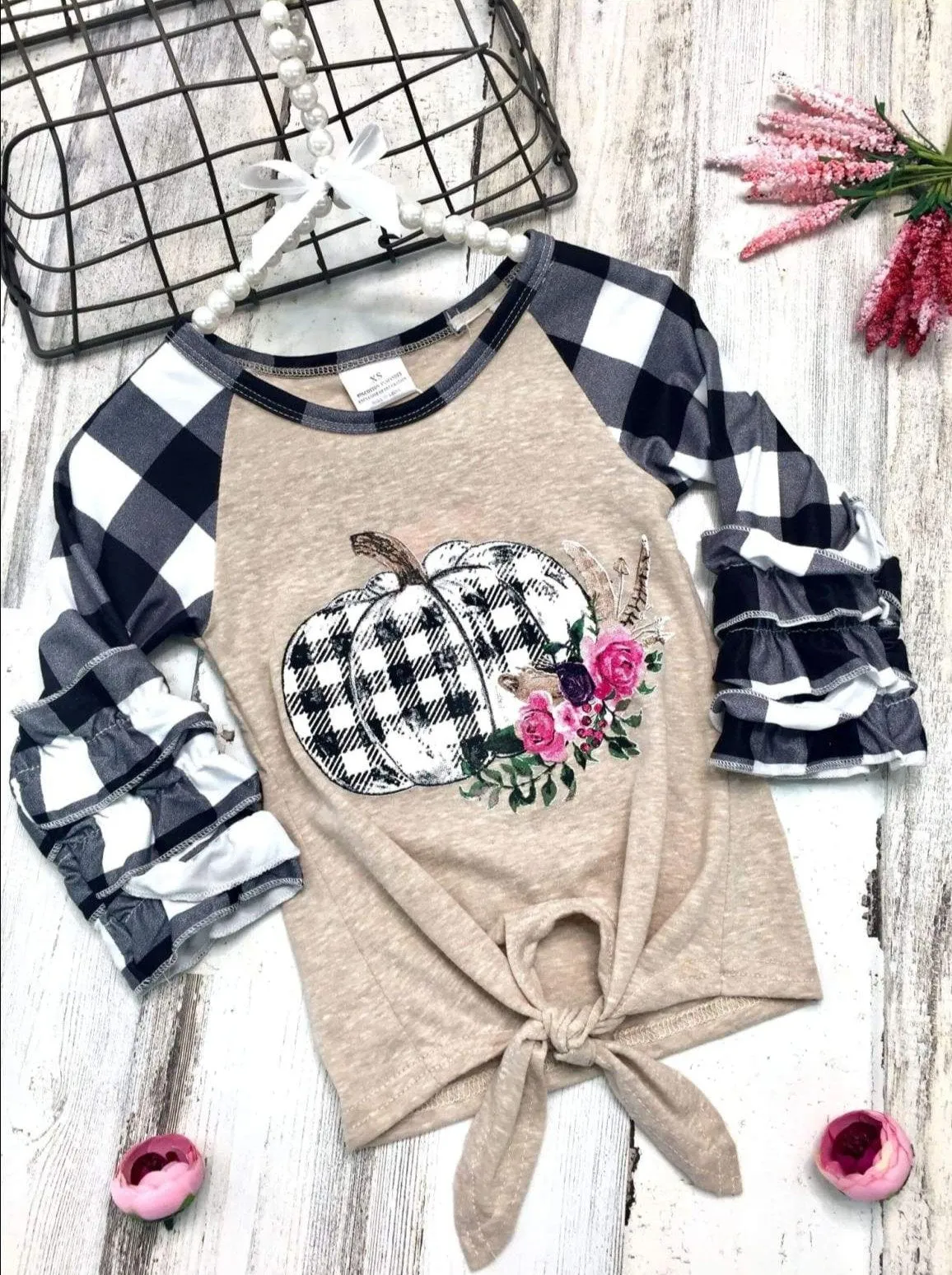 Girls Plaid Floral Pumpkin Print Long Ruffled Raglan Sleeve Knot Top