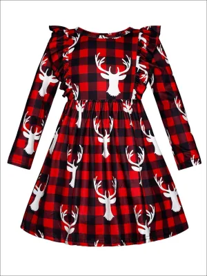 Girls Plaid Moose Print Ruffled Long Sleeve Dress