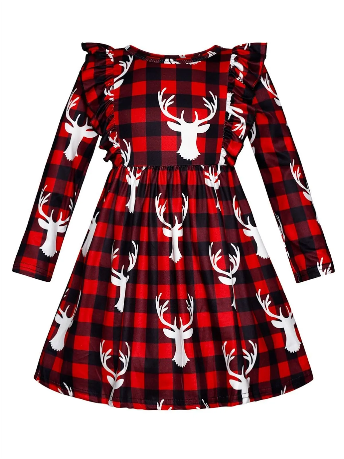 Girls Plaid Moose Print Ruffled Long Sleeve Dress