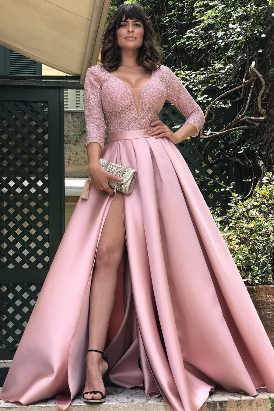 Glamorous 3/4 Sleeves Lace Prom Dress Long With Slit Online