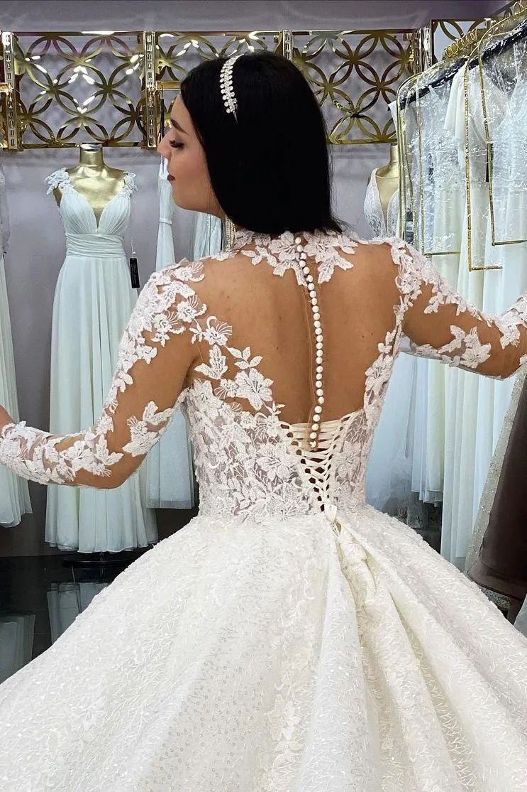 Glamorous Long Sleeves Lace Princess Wedding Dress Ball Gown High Neck