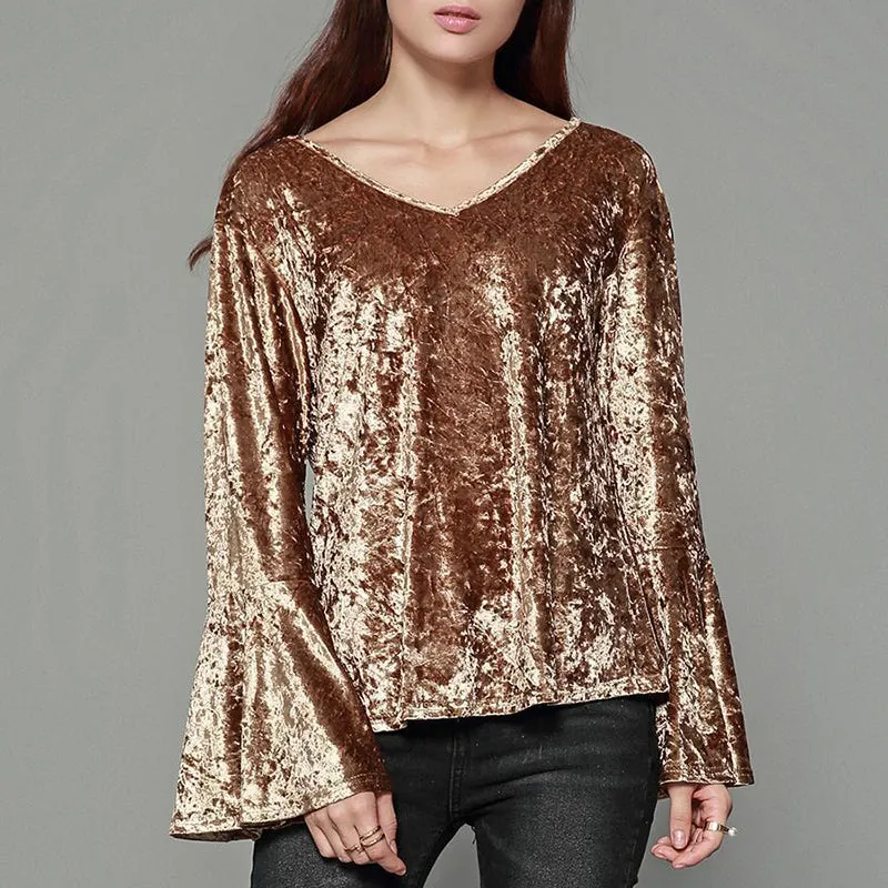 Gold Velvet Big Horn Long Sleeve Open Back Top