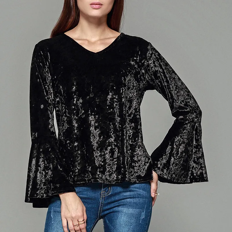 Gold Velvet Big Horn Long Sleeve Open Back Top
