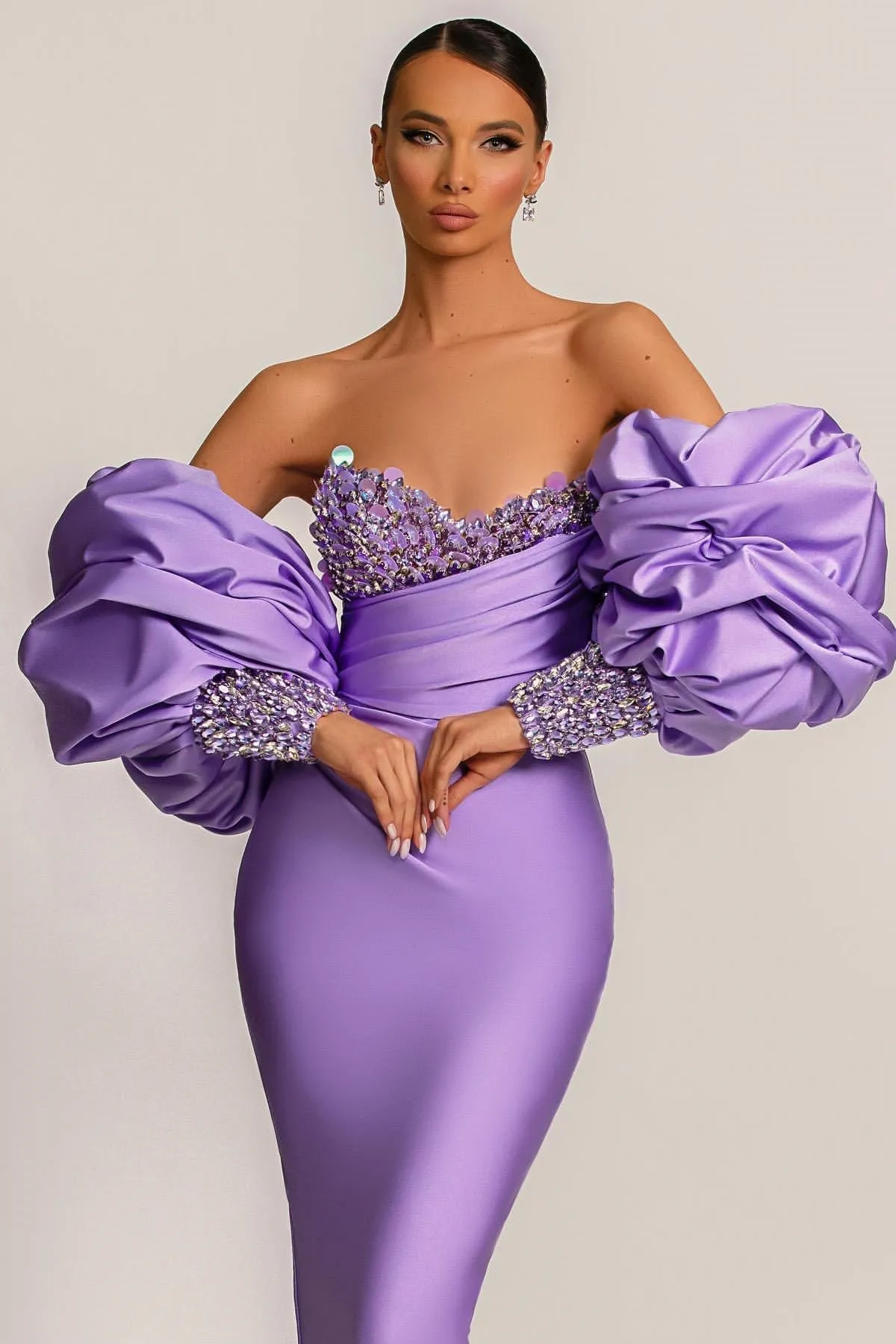 Gorgeous Lilac Detachable Sleeves Prom Dress Mermaid Sweetheart With Sequins