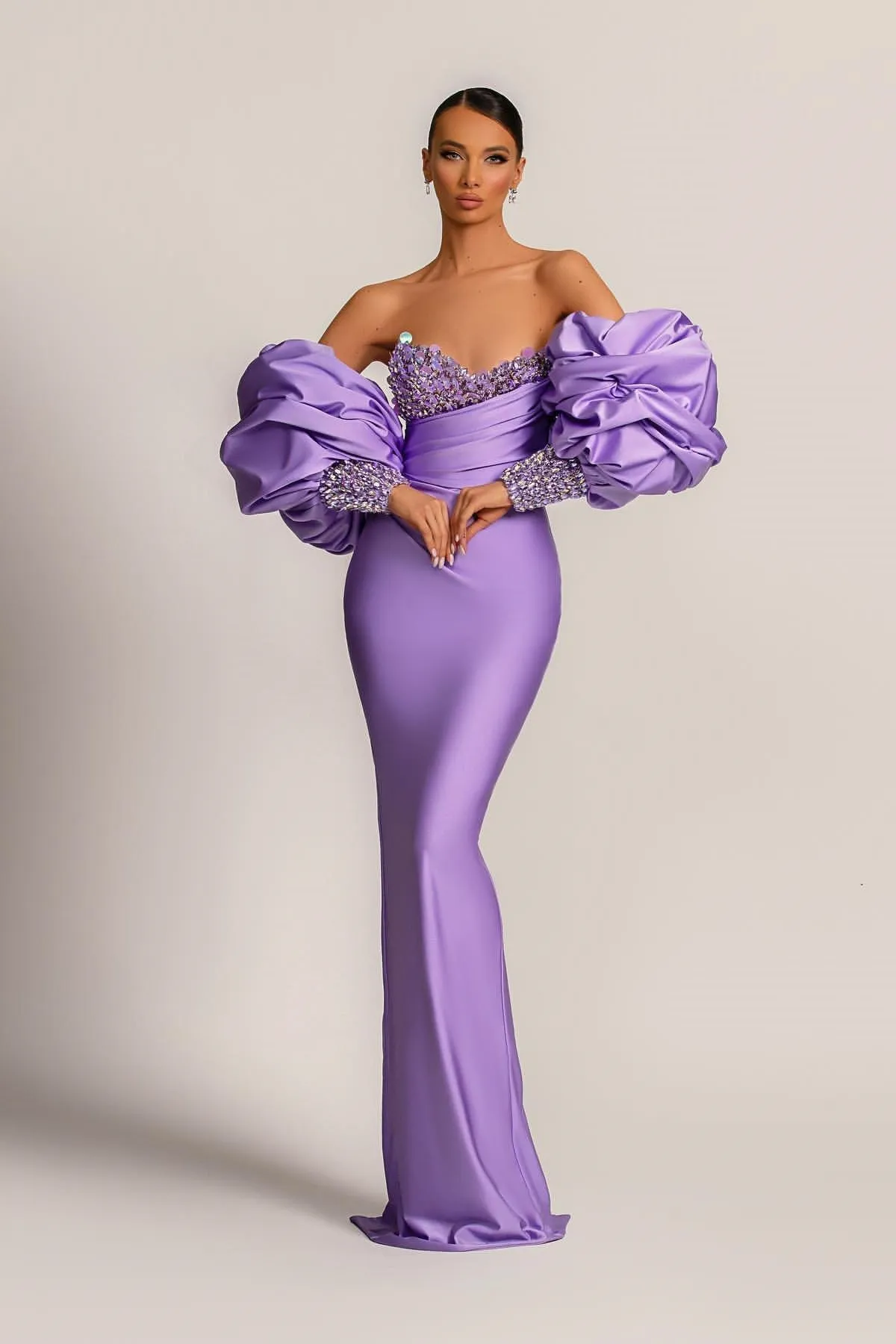 Gorgeous Lilac Detachable Sleeves Prom Dress Mermaid Sweetheart With Sequins