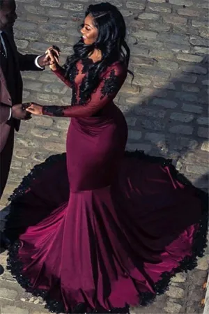 Gorgeous Scoop Long Sleevess Appliques Tulle Mermaid Floor-Length Prom Dresses