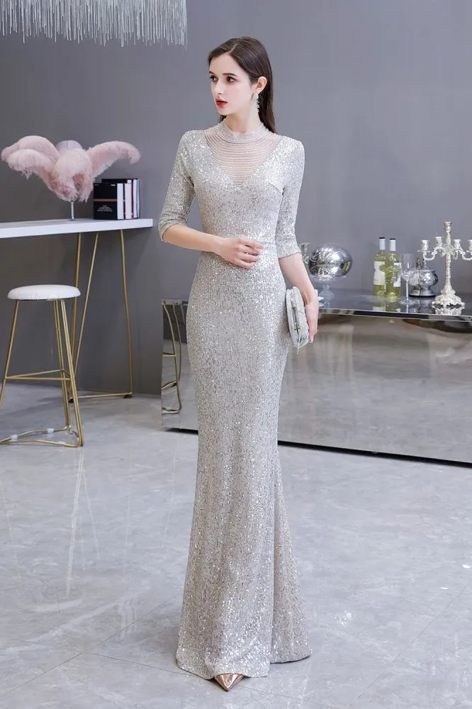 Gorgeous Silver Long Sleevess Long Prom Party Gowns