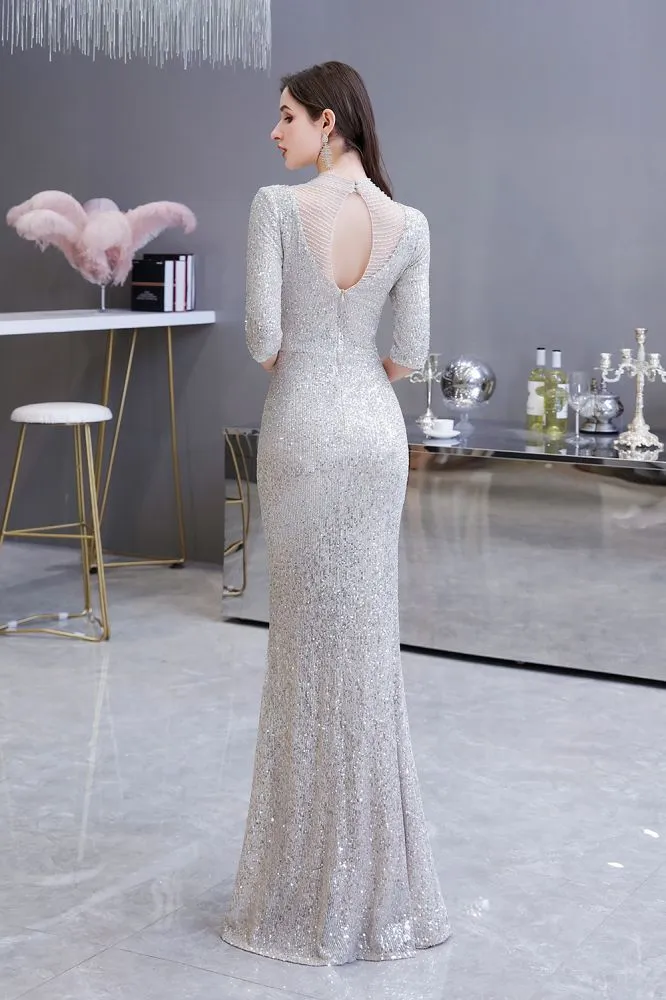 Gorgeous Silver Long Sleevess Long Prom Party Gowns