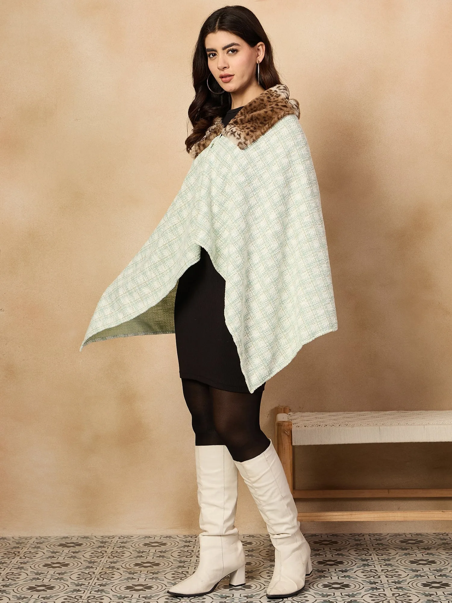 Green White Big Check Acrylic Fur Poncho