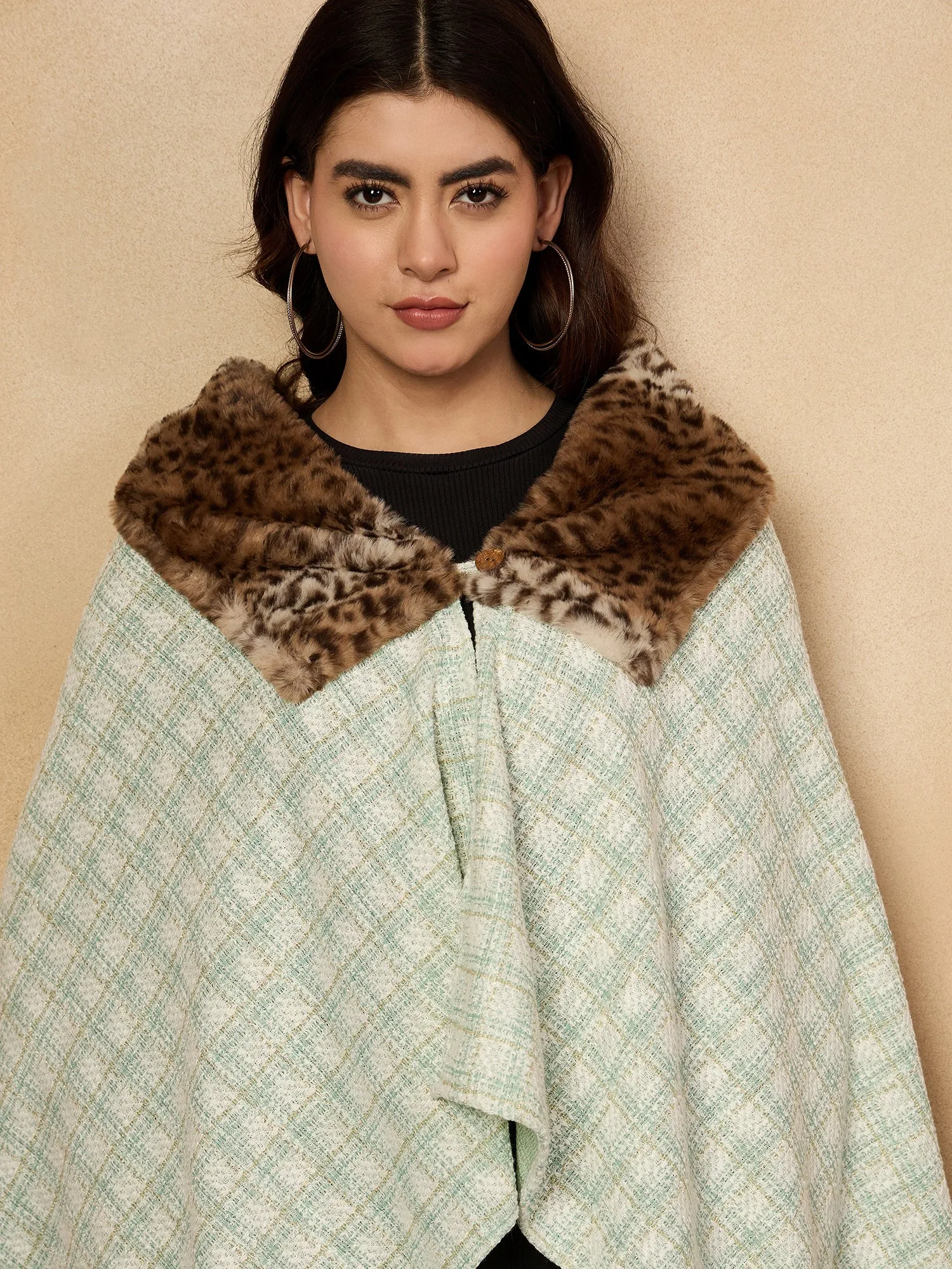 Green White Big Check Acrylic Fur Poncho