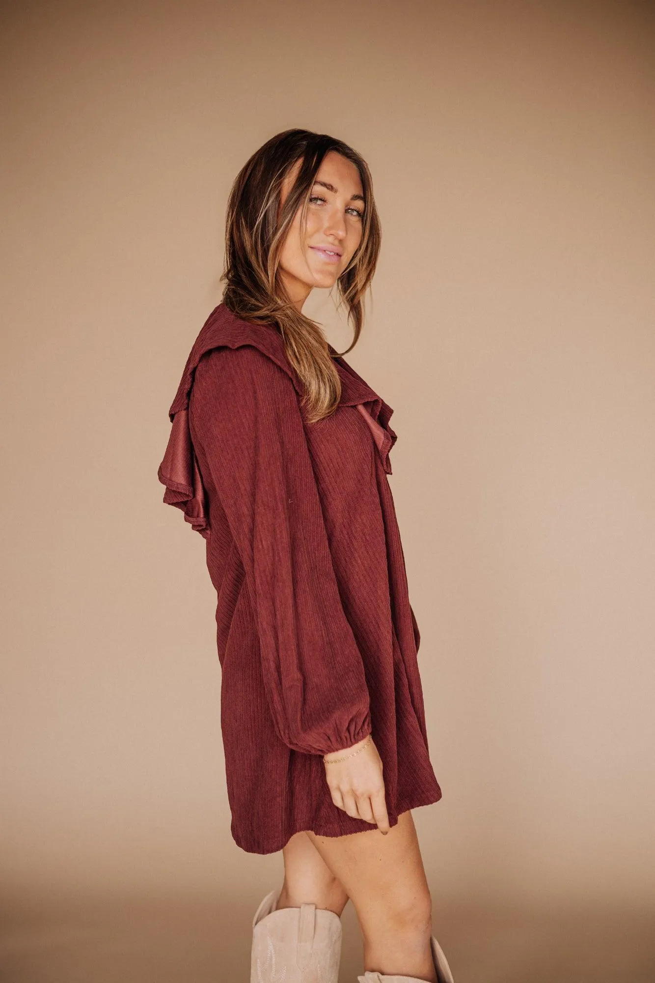 Hart Corduroy Ruffled Puff Sleeve Mini Dress