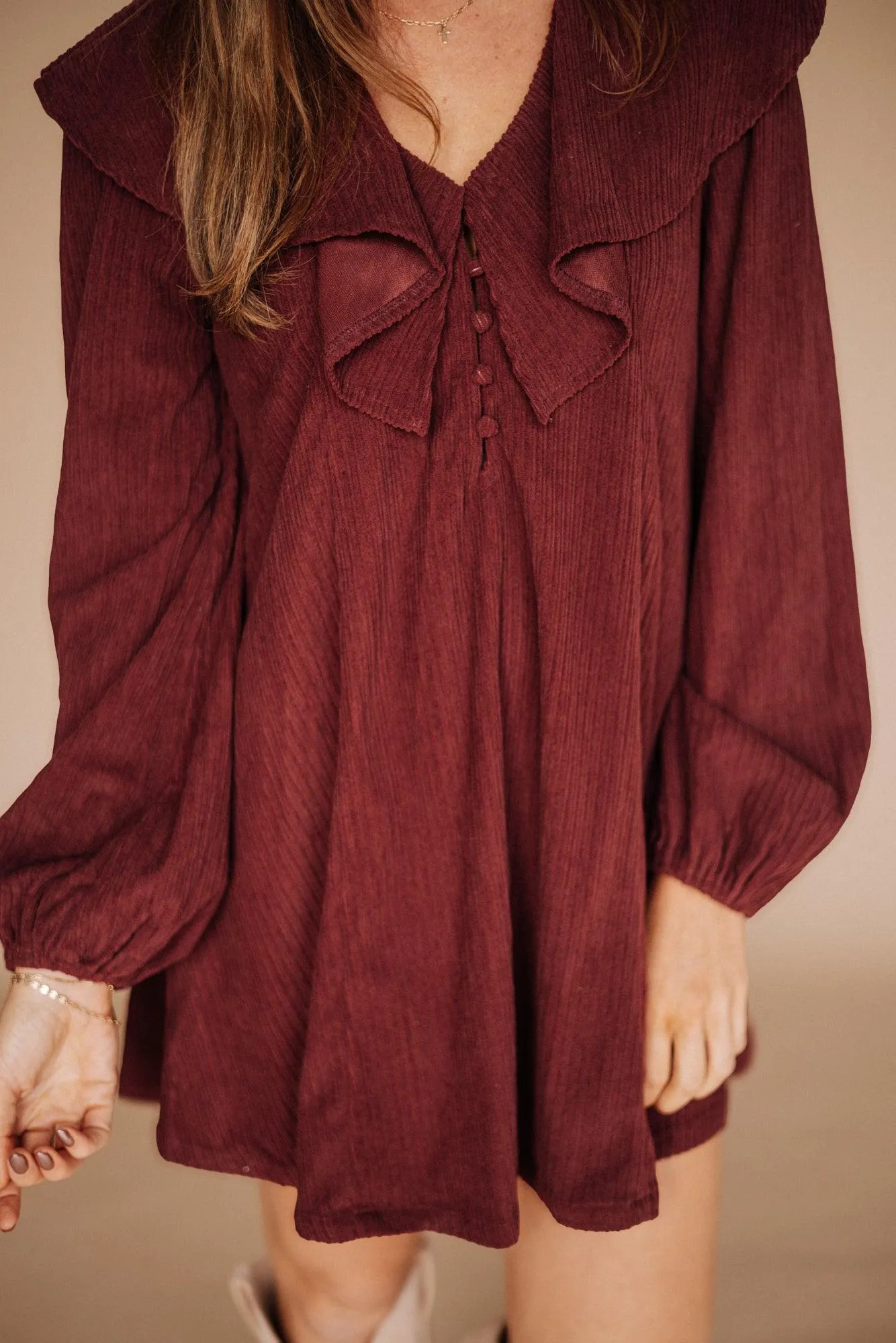 Hart Corduroy Ruffled Puff Sleeve Mini Dress