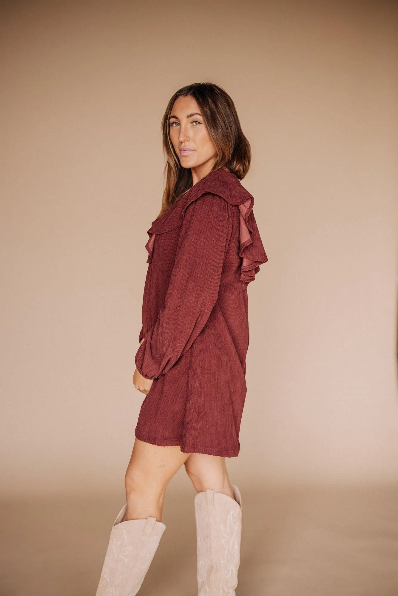 Hart Corduroy Ruffled Puff Sleeve Mini Dress