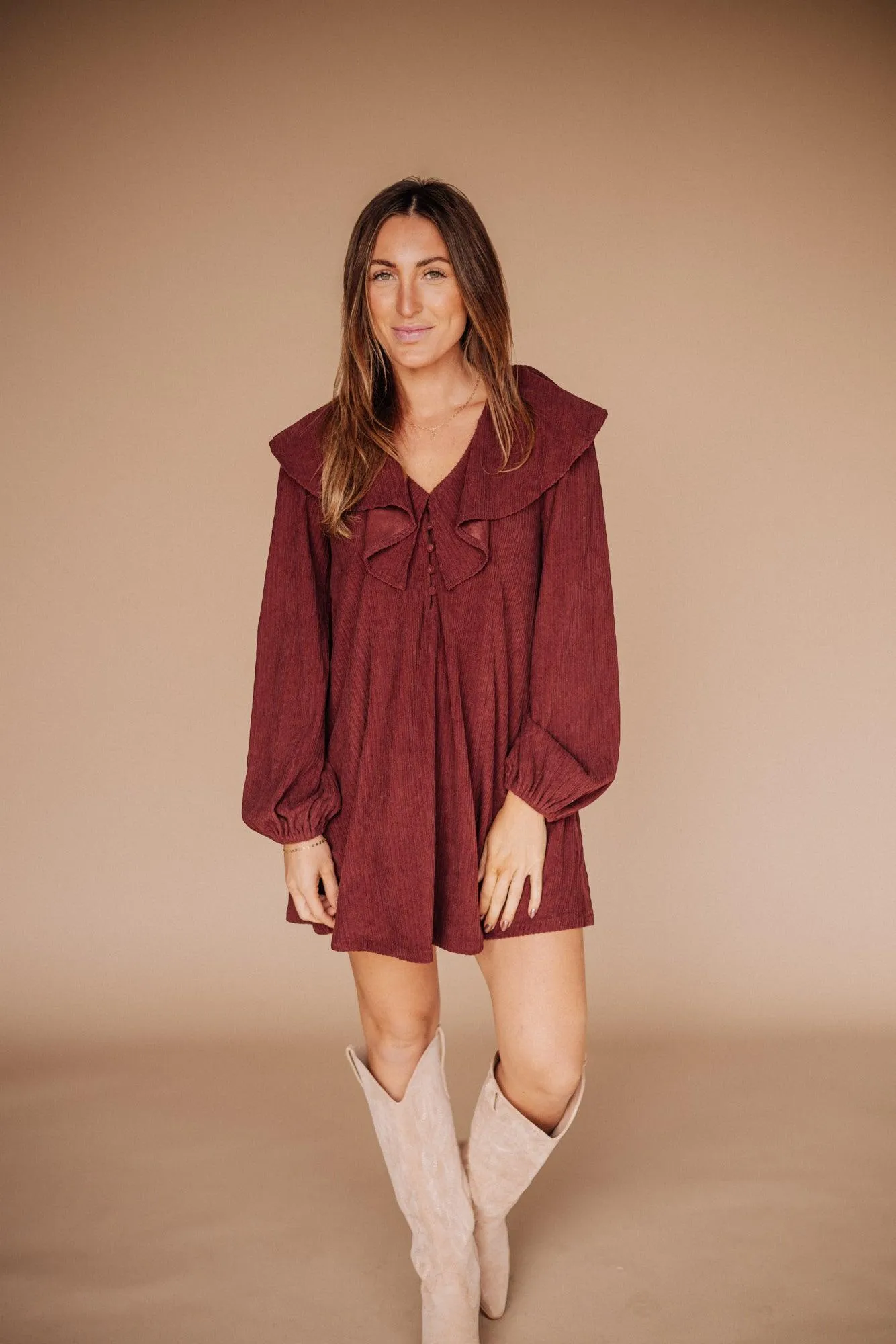 Hart Corduroy Ruffled Puff Sleeve Mini Dress