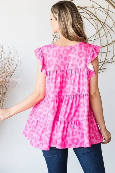 Hazel Blues® | Heimish Tiered Leopard Round Neck Blouse with Ruffled Detail