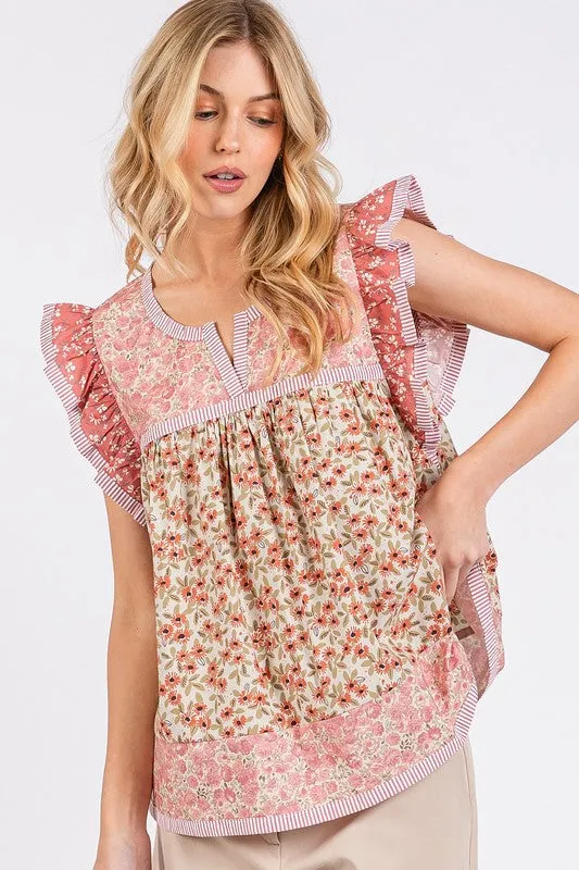 Hazel Blues® |  Mittoshop Floral Notched Ruffled Cap Sleeve Blouse