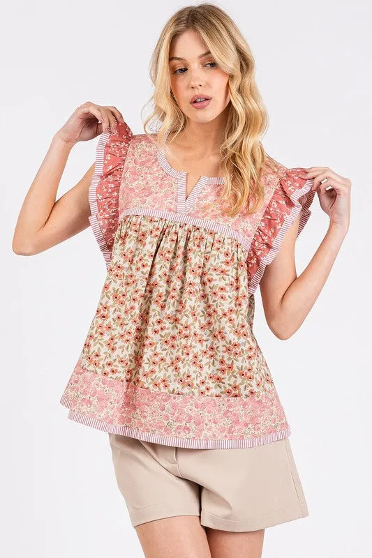 Hazel Blues® |  Mittoshop Floral Notched Ruffled Cap Sleeve Blouse