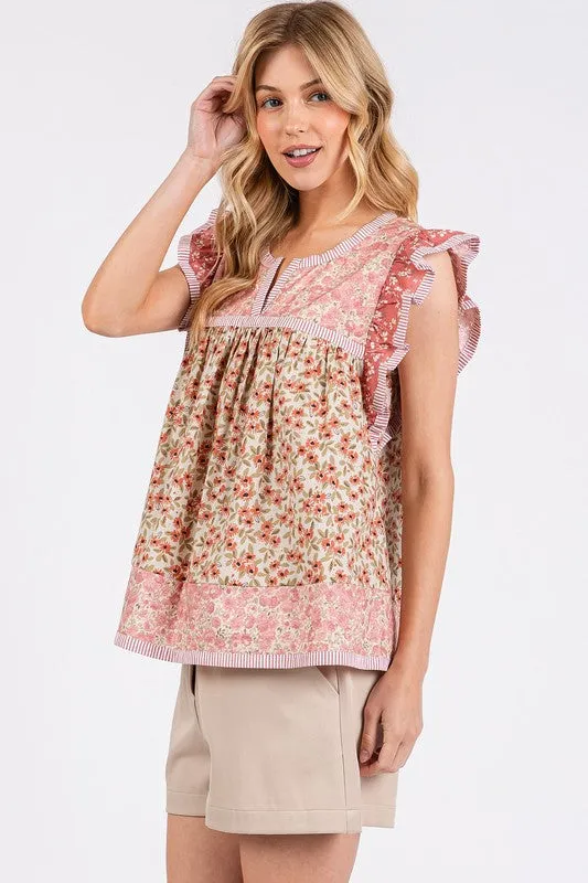 Hazel Blues® |  Mittoshop Floral Notched Ruffled Cap Sleeve Blouse