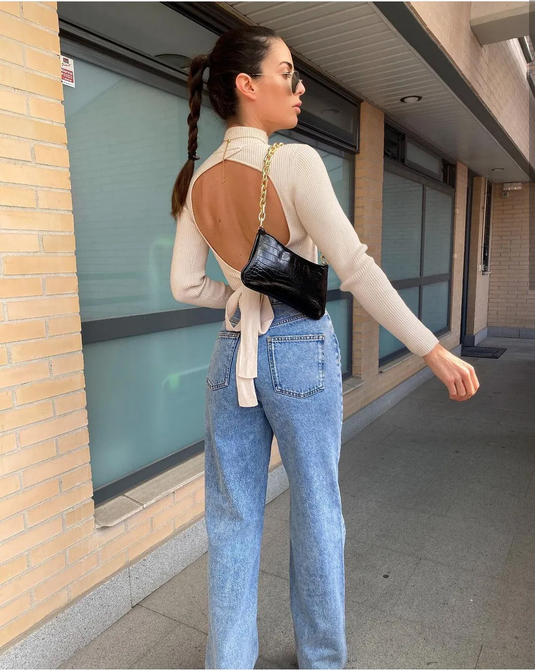 High Collar Bow Knot Backless Knit Sweaters