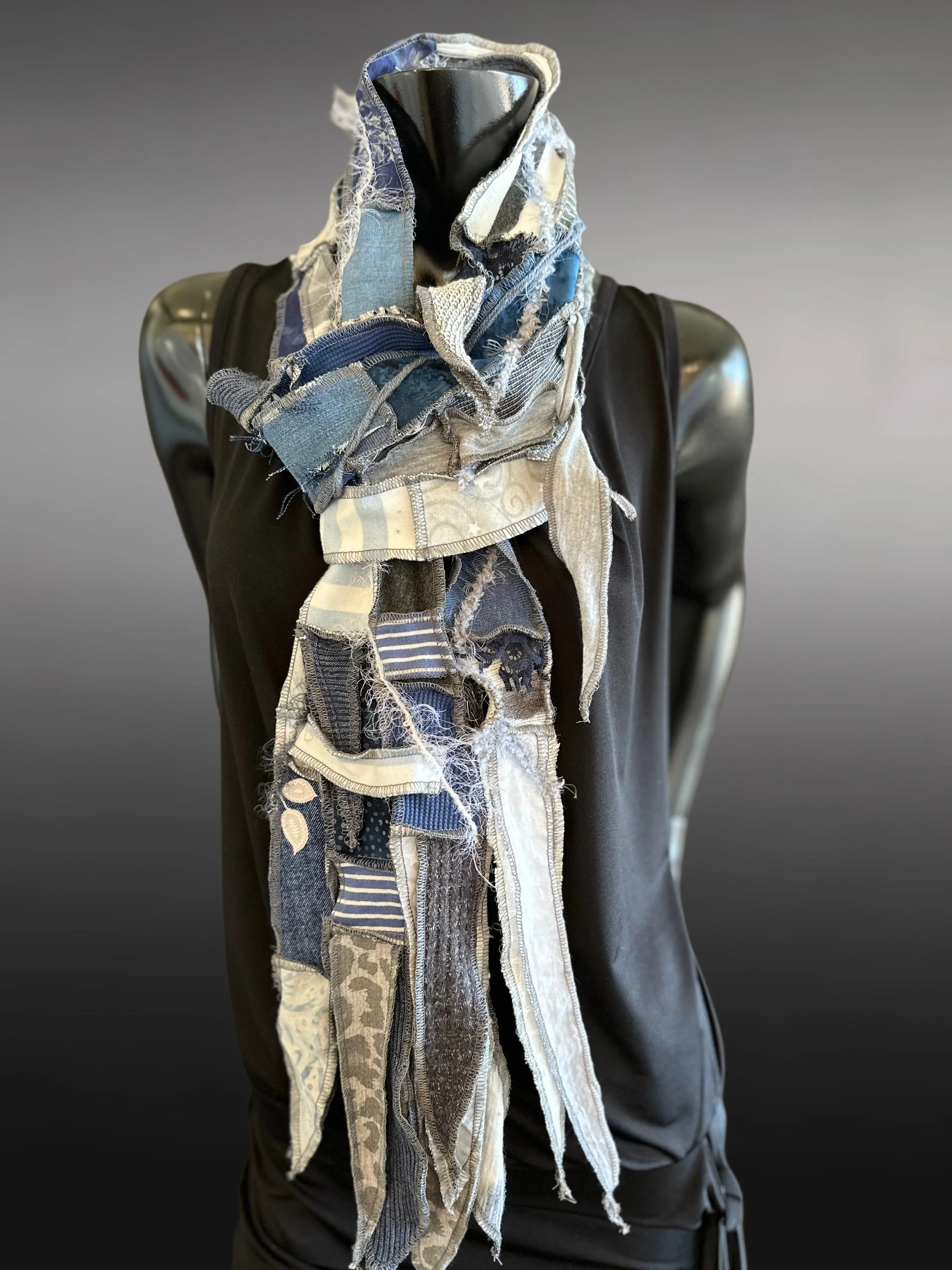 Hippie couture jean blue scarf, free form scarf, bohemian fashion